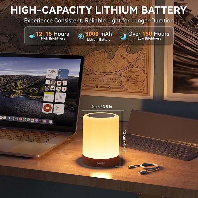 Auxmir LED Night Light Bedside Lamp Touch and Remote Control Dimmable Tabletop 13 Colors Changing 5 Brightness Adjustable Rechargeable Portable Lamp for Baby Kids Bedroom Living Room Outdoor Camping - Bloomnest