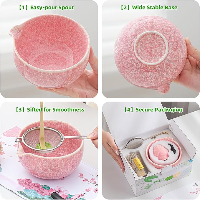 TEANAGOO Matcha Whisk Set,7 Pcs Matcha Set Pink,Ceremony Matcha Kit,Matcha Tea Set for Making Latte,Ceramic Bowl(chawan) whith Spout and Whisk,Gift for Matcha Lovers - Bloomnest