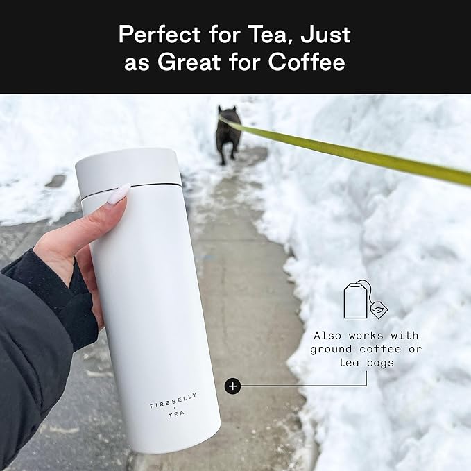 Firebelly Tea, Travel Tea Infuser Mug with Strainer, Insulated Tumbler for Loose Leaf Tea or Coffee, Leakproof Bottle for Hot or Iced Drinks, Stainless Steel Thermos with Lid, Blanc - Bloomnest