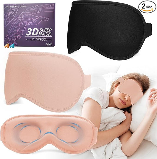 3D Sleep Mask for Men Women 2 Pack, Blackout Eye Mask for Sleeping Eye Mask for Side Sleeper, Memory Foam Adjustable&Washable, Airplane Travel Essentials Couples Yoga Meditation Office Black & Pink - Bloomnest