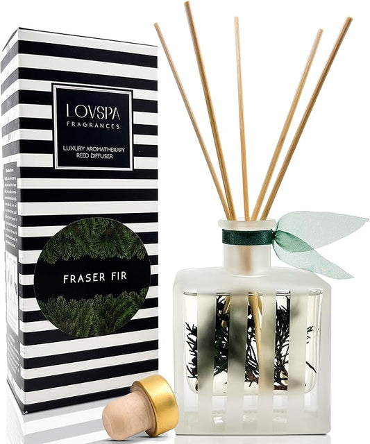 LOVSPA Reed Diffuser Set, Fraser Fir Scented Oil Diffuser with Sticks, Home Fragrance Accessories for Bathroom Shelf Decor, Aroma Diffusers for Home or Office Desk, USA Made