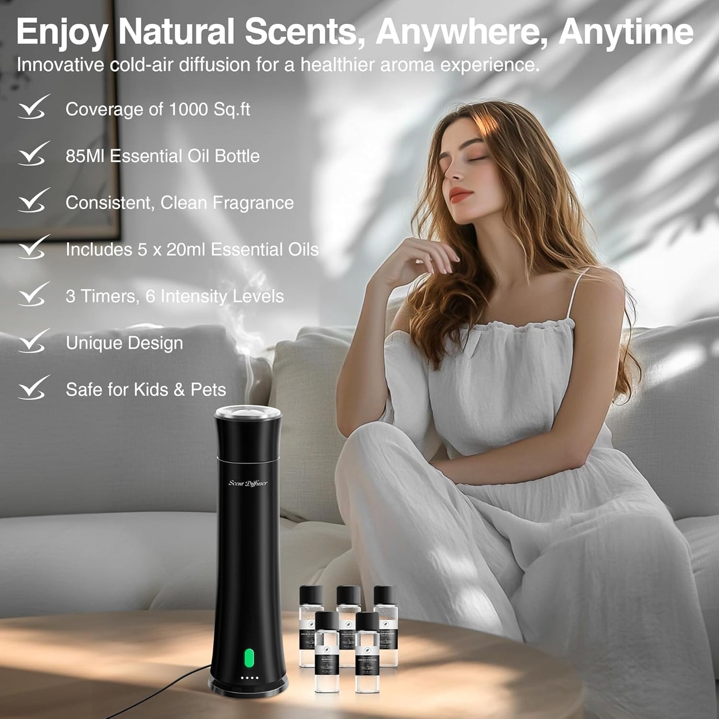 Hotel Scent Diffuser Starter Kit - 1500 Sq Ft Coverage, Premium Plastic Essential Oil Diffuser, Waterless Diffuser for Home, Hotel, Office, 5 Scent Essential Oils Included, Large Room, Black, 11In