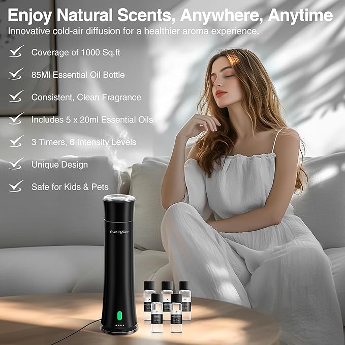 Hotel Scent Diffuser Starter Kit - 1500 Sq Ft Coverage, Premium Plastic Essential Oil Diffuser, Waterless Diffuser for Home, Hotel, Office, 5 Scent Essential Oils Included, Large Room, Black, 11In - Bloomnest