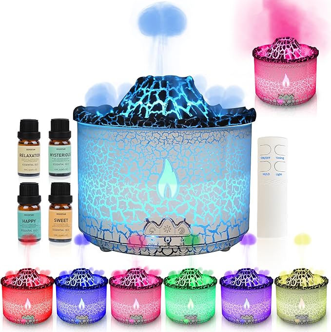 BOHOFAM Essential Oil Diffuser 360ML,Volcano and Flame Diffuser/Humidifier 2 Mode,Diffusers for Home with 7 Colorful Light,Included 4 Hotel Collection Diffuser Oil for Bedroom(White Translucent) - Bloomnest
