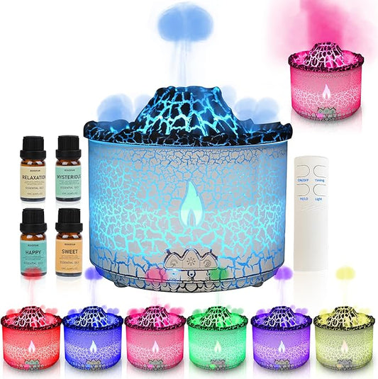 BOHOFAM Essential Oil Diffuser 360ML,Volcano and Flame Diffuser/Humidifier 2 Mode,Diffusers for Home with 7 Colorful Light,Included 4 Hotel Collection Diffuser Oil for Bedroom(White Translucent) - Bloomnest