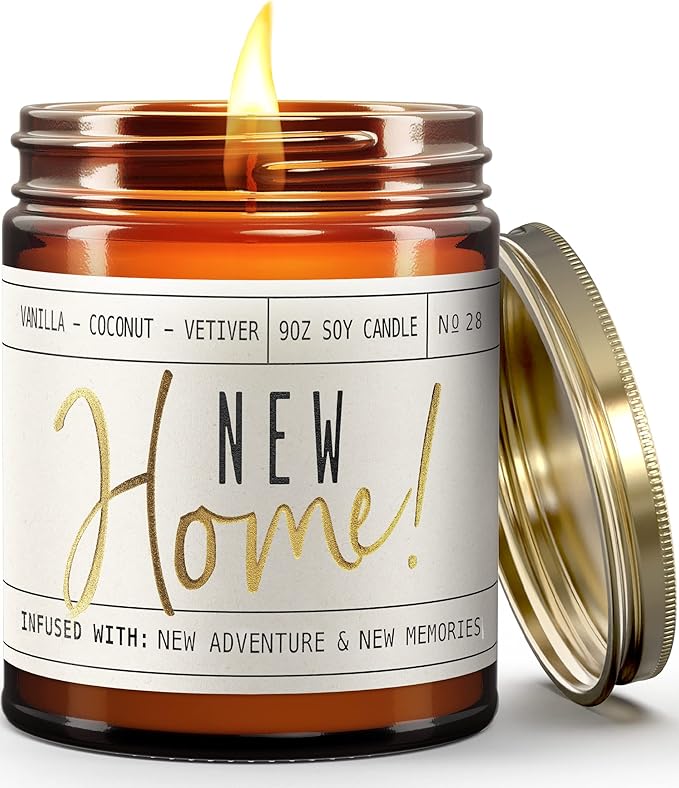 Housewarming Gift, House Warming Gifts New Home, Housewarming Gifts for New House - 'New Home' Soy Candle, w/Vanilla, Coconut & Vetiver I New Home Gifts for Home I 9oz Jar, 50Hr Burn, Made in USA - Bloomnest