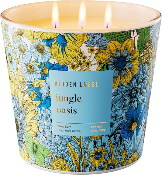 Hidden Label Jungle Oasis Scented Candle, 3 Wick Large Candles for Home, 30oz Natural Soy Candles for Home Scented,100 Hour Burn Time, Long Lasting Highly Scented Luxury Candle Gift - Bloomnest