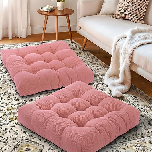Floor Pillow Cushions for Adults Sitting Large Big Pillows for Floor Seating Square Memory Foam Thick Tufted, 22 x 22 Inch, Set of 2, Pink - Bloomnest