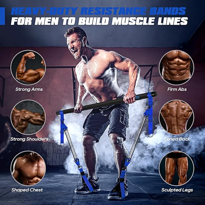 Pilates Bar Kit with Resistance Bands, Heavy Duty Pilates Equipment for Men, Strength Training Bar for Legs, Hip, Back, Arm, Abs, Chest, Shoulders, Portable Home Gym Full Body Workout Equipment - Bloomnest