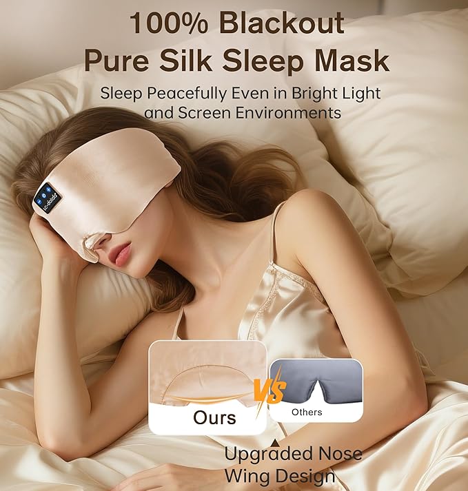 LC-dolida Luxurious Silk Soft Sleep Mask, Sleep Headphones with Bluetooth 5.4 for Side Sleeper, Total Blackout Eye Sleeping Mask for Women and Men, Ideal Gift for Restful Sleep, Travel(Champagne) - Bloomnest