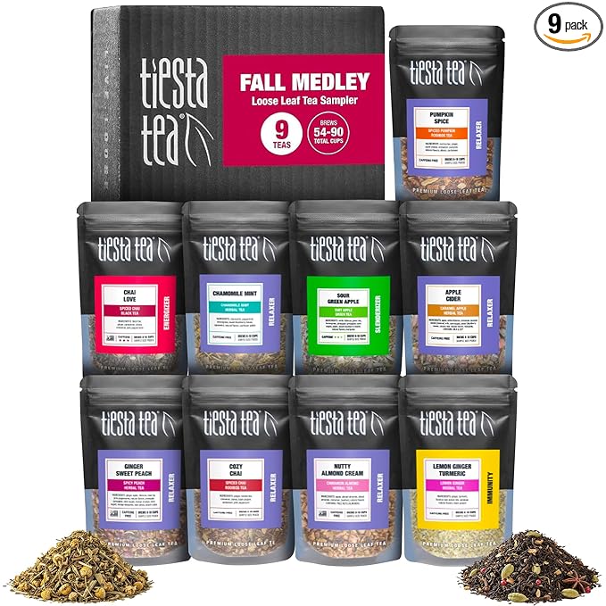 Tiesta Tea Fall Medley Dry Flight Set – Assorted Herbal, Black, Chai, and Fruit Tea Blends for Hot or Iced Brewing, Caffeine Free Loose Leaf Sampler Set with 9 Resealable Pouches - Bloomnest