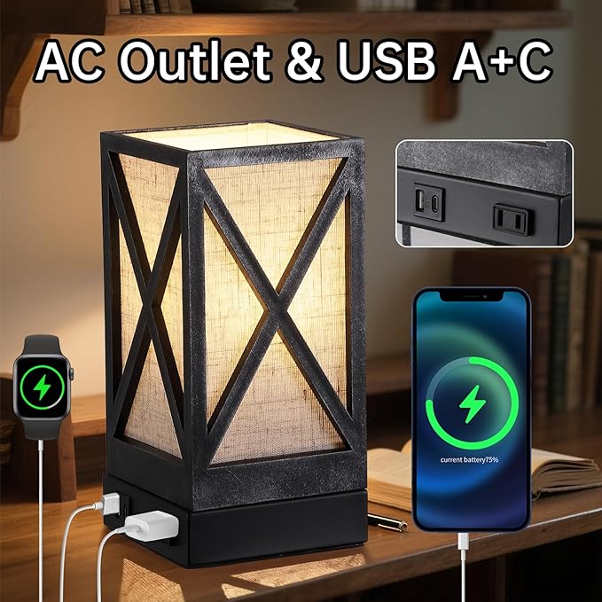 Table Lamp, Set of 2 Rustic Farmhouse Nightstand Lamps, 3 Color Temperatures Desk Lamp with USB Charging Ports AC Outlet Vintage Lamp for Living Room Bed Room, Pewter - Bloomnest