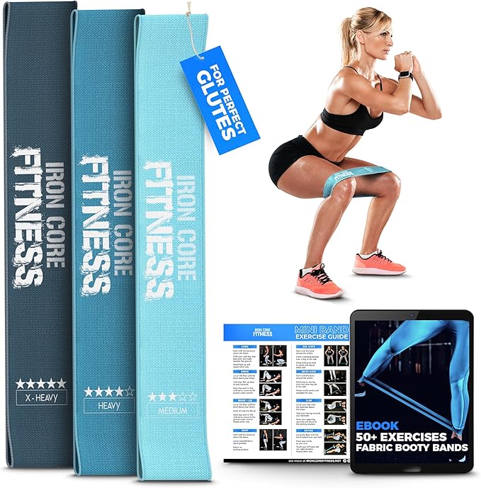 Fabric Mini Resistance Bands Sets for Trainers, Bootcamp, Gym for Men and Women in Fun Colors - Ebook, Videos and Workout Chart Included by Iron Core Fitness - Bloomnest