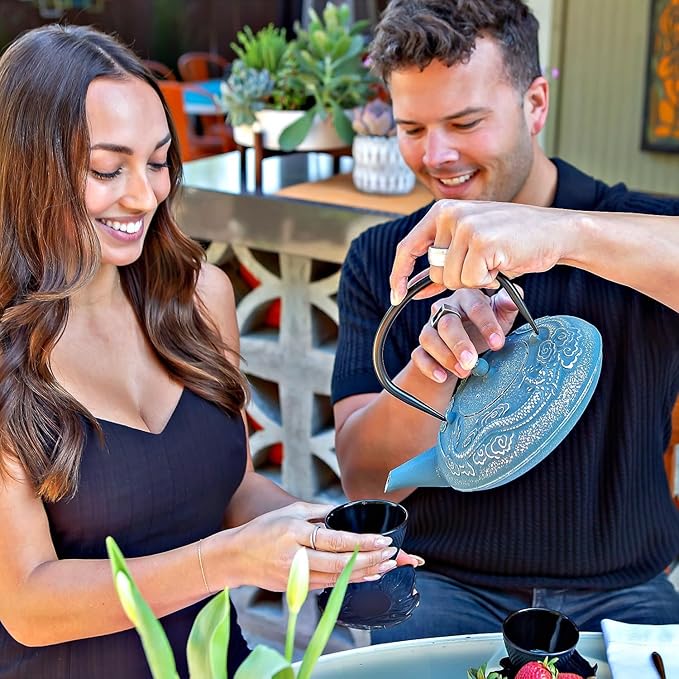Large Cast Iron Tea Kettle Set - 40oz/1200ml Japanese Teapot with Infuser & Matching Trivet - Tetsubin Iron Tea Pot Japanese Style with Enamel Interior - Handcrafted Dragon Teapot Humidifier - Blue