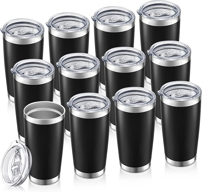 20 oz Tumbler Bulk with Lid Stainless Steel Insulated Tumblers Double Wall Vacuum Coffee Mug Powder Coated Tumbler Cups for Cold and Hot Drinks, Black, 12 pack