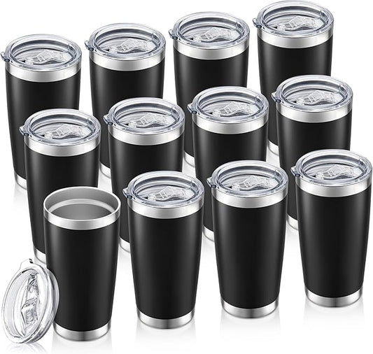 20 oz Tumbler Bulk with Lid Stainless Steel Insulated Tumblers Double Wall Vacuum Coffee Mug Powder Coated Tumbler Cups for Cold and Hot Drinks, Black, 12 pack