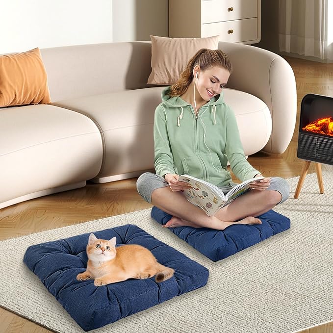 Meditation Floor Cushions, Thickened Floor Pillow for Adults, Large Square Pillows Seat Cushion for Tatami Living Room Yoga, Memory Sponge Block Added, 22x22 Inch, Drak Blue