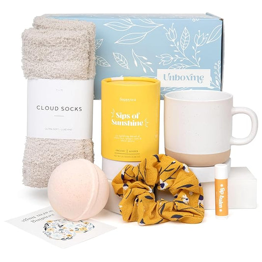 Unboxme Sunshine Gift For Women | Self Care Package with organic herbal tea, fluffy cloud socks, ceramic mug, citrus bath bomb , beeswax lip balm, a fun floral scrunchie + a sending hugs card - Bloomnest