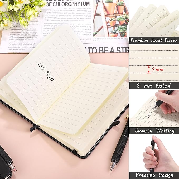 Aodaer 50 Sets Pocket Notebook Journal with Pens, 160 Pages, 3.5 x 5.5 Inch Mini Lined Journal Notebook A6 Leather Hardcover College Ruled Notepad with Pen Holder for School Office Gifts, Black - Bloomnest