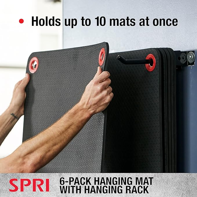 SPRI Hanging Bulk Fitness Mats + Rack, 15mm, 56” x 23" Black, 6 Pack, Closed-Cell Foam Bulk Yoga Mats for Gyms, Dance Studios, Ballet, Low-Impact Training & Commercial Spaces, Reinforced Grommets - Bloomnest