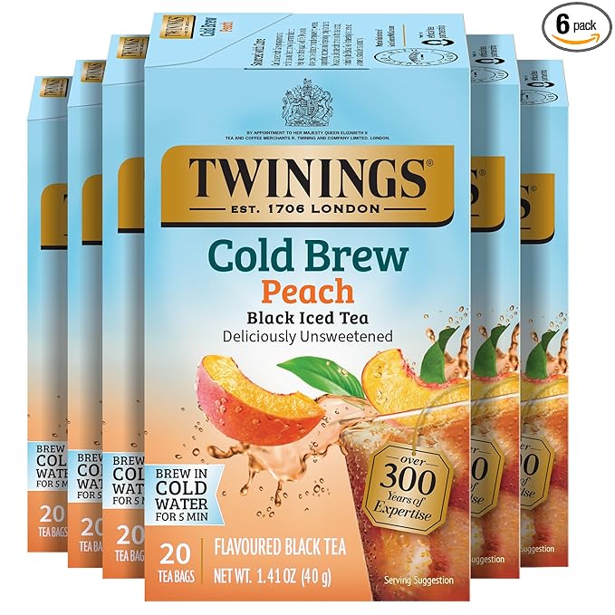 Twinings Peach Cold Brew Iced Tea Bags, 20 Count (Pack of 6), Unsweetened Flavoured Black Tea, Caffeinated, 120 Teabags - Bloomnest