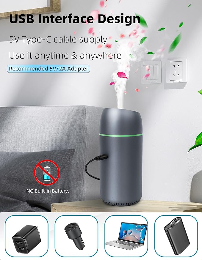Portable Mini Ultrasonic Essential Oil Diffuser - 100ml USB Aromatherapy Humidifier with 7-Color LED Lights, Upgraded Aluminum Alloy Shell for Home, Office, Bedroom, Car & Small Spaces (Grey) - Bloomnest