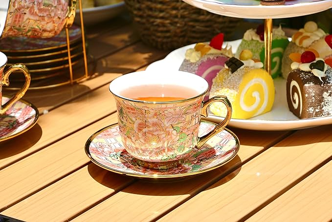 20 Pieces Porcelain Tea Set With Metal Holder, European Ceramic tea set for adults,Flower Tea Set,Tea Set For Women With Flower Painting(Large version, Red) - Bloomnest