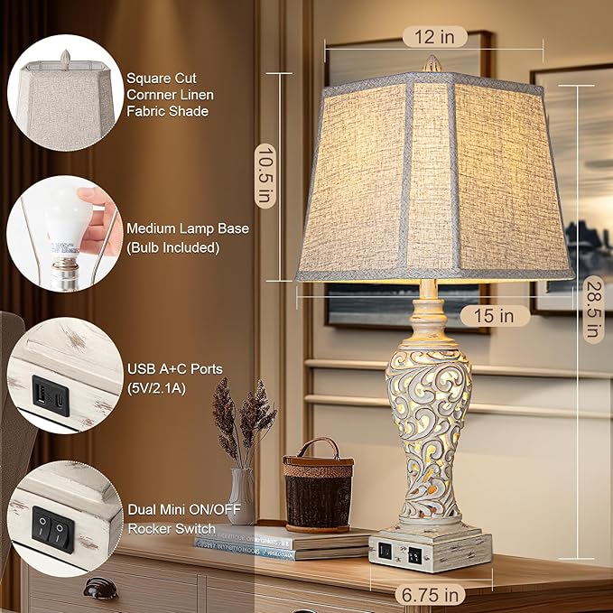 28.5" Table Lamps Set of 2 - Bedside Lamp with Fabric Shades - for Bedroom and Living Room with USB and Nightlight - Perfect for Nightstands and Bedrooms - Bloomnest