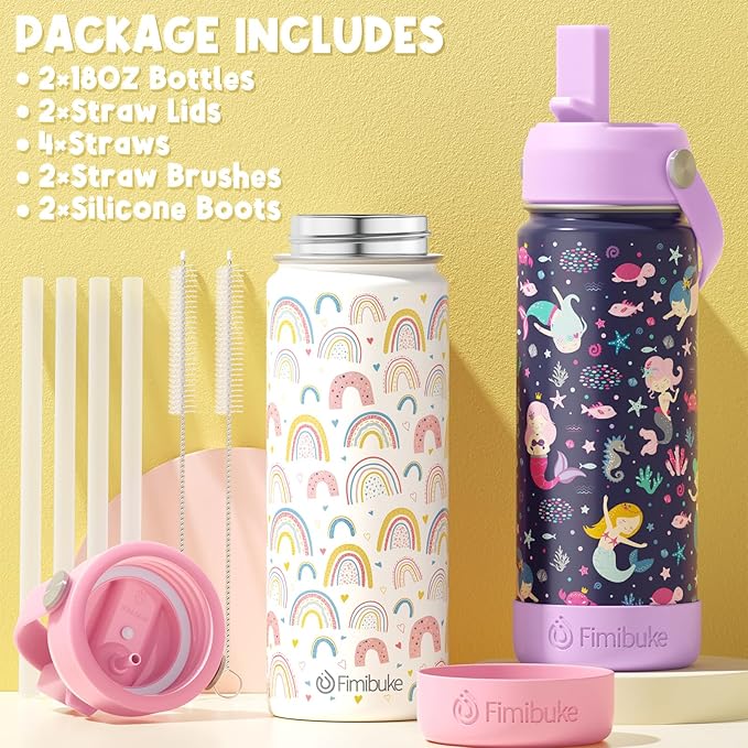 Fimibuke Kids Insulated Water Bottle, 18oz BPA FREE Kids Cups with Straw Double Wall Vacuum Tumbler 18/8 Stainless Steel Leak Proof Toddler Water Bottle for School Boys Girls (2 Pack, Game+Space) - Bloomnest