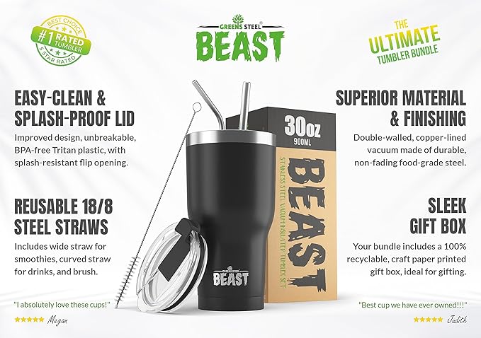Beast 30 oz Tumbler Stainless Steel Vacuum Insulated Coffee Ice Cup Double Wall Travel Flask (Matte Black) - Bloomnest