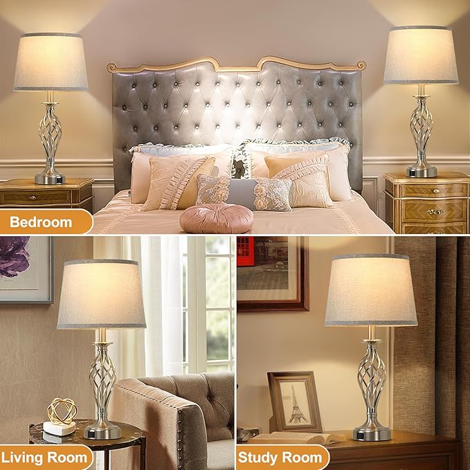 Nightstand Table Lamps for Bedrooms Set of 2 with USB C+A, Bedside Lamps with Spiral Cage Base, Tall Living Room Lamps for End Tables, Modern Night Stand Lamps for Bed Side Guest Room Bulbs Included - Bloomnest