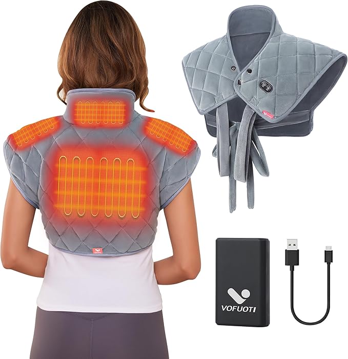 Vofuoti Heating Pad for Neck and Shoulders, Portable Cordless Heating Pad with Massager and Battery, Weighted Electric Heated Neck Shoulder Wrap, 16'' x 22'', 2.2lbs - Bloomnest