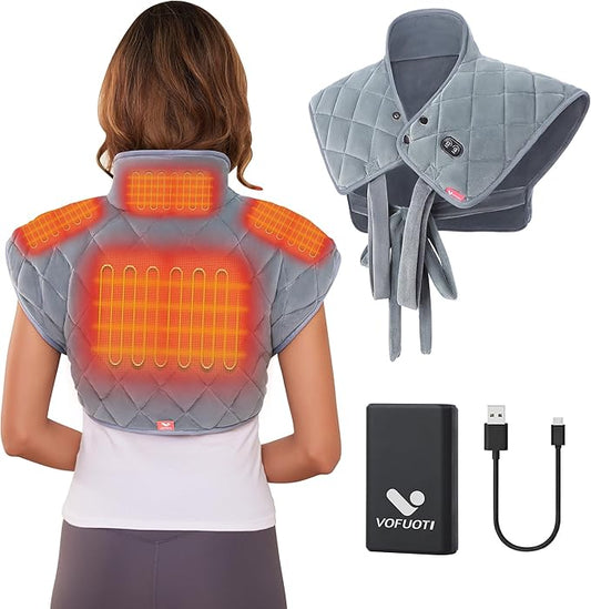 Vofuoti Heating Pad for Neck and Shoulders, Portable Cordless Heating Pad with Massager and Battery, Weighted Electric Heated Neck Shoulder Wrap, 16'' x 22'', 2.2lbs - Bloomnest