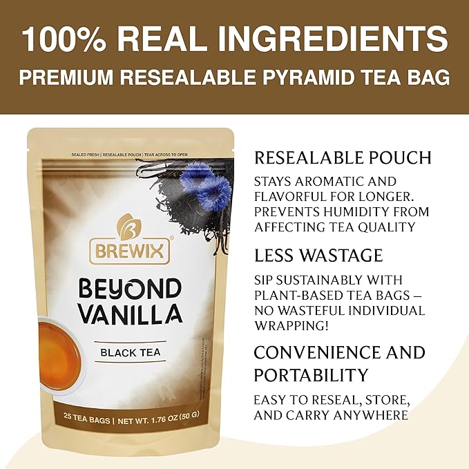 BREWIX, Vanilla Caramel Dessert Tea (25 Pyramid Black Tea Bags) | Naturally Flavored, Caffeinated & Sugar-Free | A Cozy & Indulgent Brew for Anytime Cravings - Bloomnest