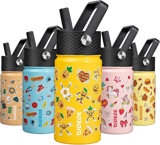 BJPKPK Insulated Water Bottle with Straw Lid, 15 oz Stainless Steel Metal Water Bottles, Reusable Leak Proof BPA Free Water Bottles, Cups, Thermo, Hawaii Fruits-Yellow - Bloomnest