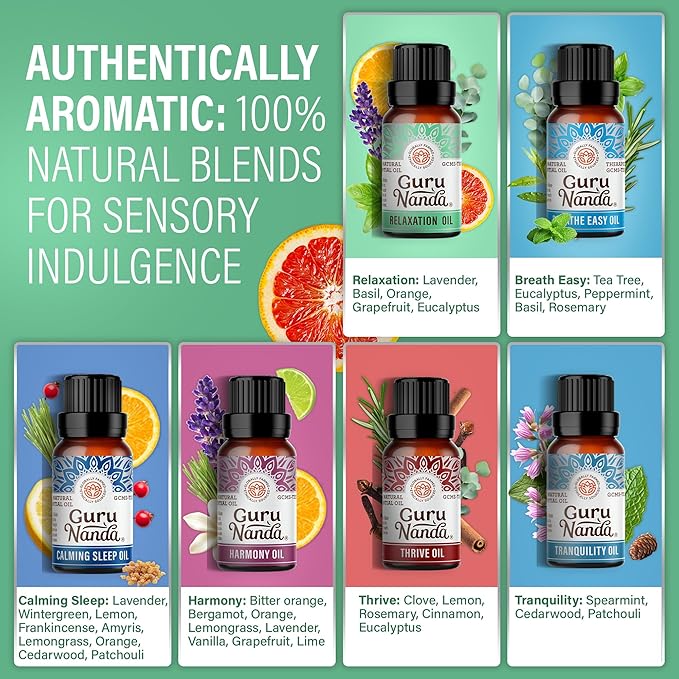 GuruNanda Essential Oil Blends (Set of 6) - Natural Essential Oil Set, Aromatherapy Oil Blends for Diffusers - Breathe Easy, Tranquility, Harmony, Calming Sleep, Relaxation & Thrive - Bloomnest