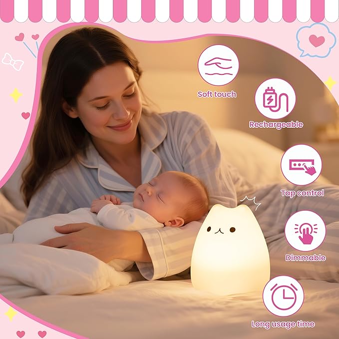 Night Light for Kids, Rechargeable Dimmable Silicone LED Nightlight with 7 Colors, Baby Nursery Night Lamp, Touch Squishy Lamp, Cute Gifts for Girls, Boys, Toddler Room Decor, Cat - Bloomnest