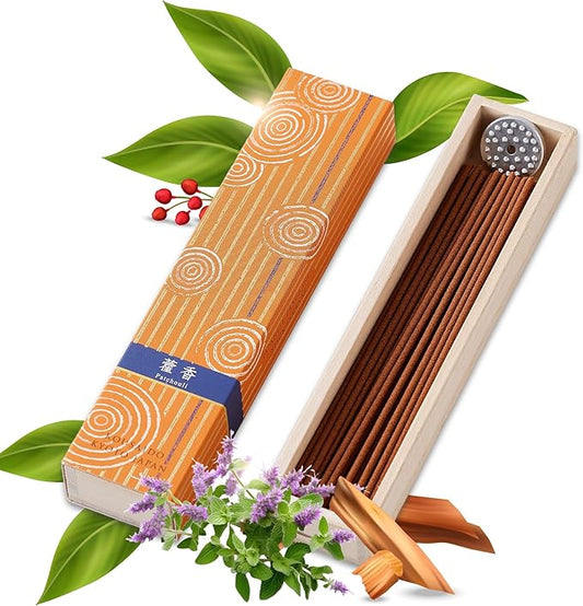 Hasegawa Hyakurakuko Premium Japanese Sandalwood Incense - Long Type, 40 Sticks with Aluminum Holder, 20-30 Min Burn Time, Made in Japan 線香 百楽香 (Patchouli) %E3%81%AF%E3%81%9B%E3%81%8C%E3%82%8F%EF%BC%88Hasegawa%EF%BC%89