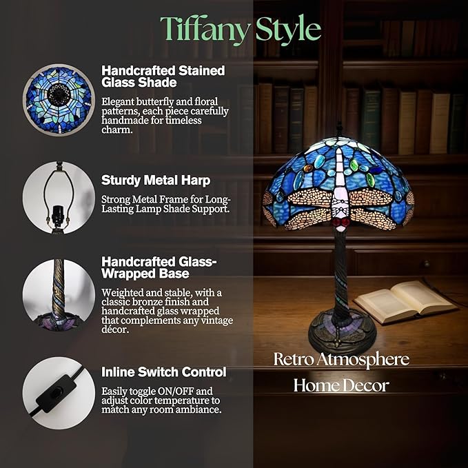 Tiffany-Style Table Lamp, 12" Blue Dragonfly Handmade Stained Glass Lamp Shade, Vintage Reading Light for Bedroom Living Room, LED Bulb Included - Bloomnest