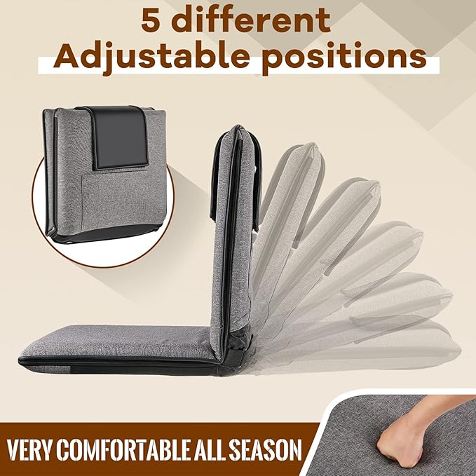2 Pcs Adjustable Floor Chair with Back Support, Padded Seat, Portable, Meditation Cushion, Fully Folding Backrest for Adult, Kid, Gaming - Linen Washable Cover, Nylon Bottom (Gray, Black) - Bloomnest