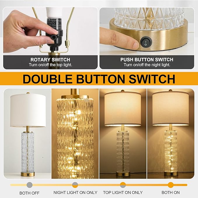 Oneach 27.75” Table Lamps Set of 2, Gold Modern Bedside Lamp with LED Night Light, USB A+C, Glass Lamps for Living Room, Bedroom, Nightstand, Office, End Table (2 Bulbs Included) - Bloomnest