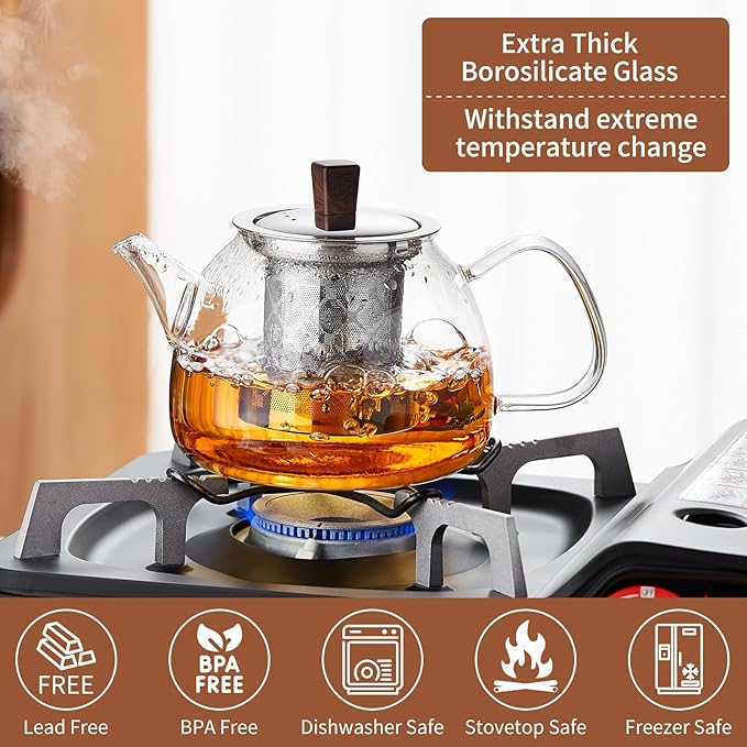 34OZ/1000ml Glass Teapot with Stainless Steel Infuser, Drip-Free Spout, and Wooden Knob Lid – Stovetop Safe Borosilicate Tea Kettle for Loose Leaf and Herbal Tea Brewing - Bloomnest