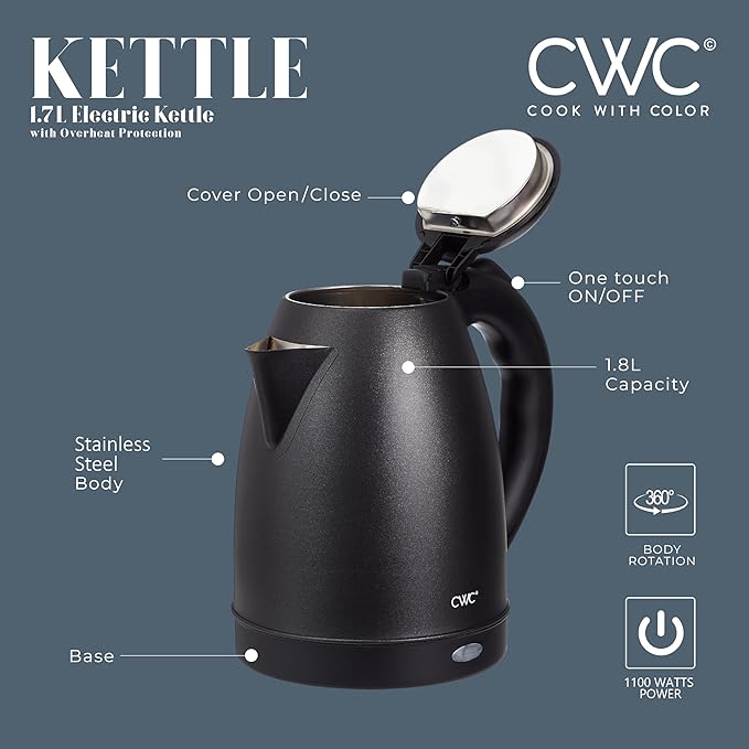 COOK WITH COLOR Electric Kettle - Rapid Boil, Sleek Design, and Safety Features - Great for Quick and Easy, Stainless Steel Black, 1.7 Liters - Bloomnest