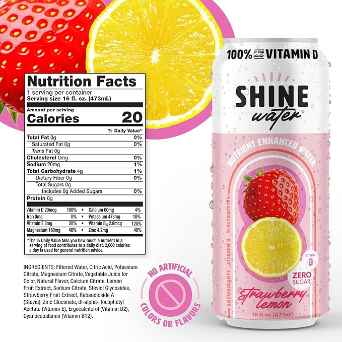 Shine Water Strawberry Lemon Vitamin D Electrolyte Drinks 12-Pack, Sugar Free Flavored Water with Magnesium, Zinc & Antioxidants, Low Calorie Hydration Beverage, Plant-Based Vitamin Water Zero Sugar - Bloomnest