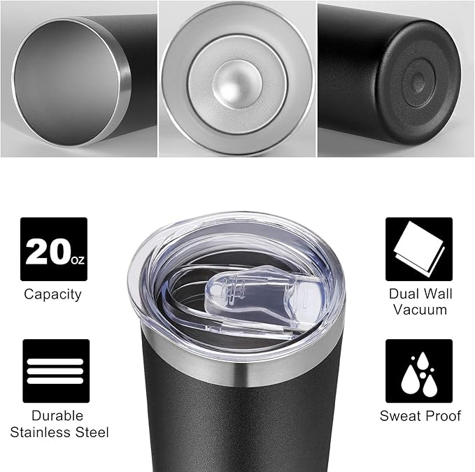 VEGOND Stainless Steel Tumblers Bulk 6 Pack, 20 oz Vacuum Insulated Skinny Tumblers with Lid and Straw, Double Wall Coffee Mug, Travel Water Cup, Black - Bloomnest