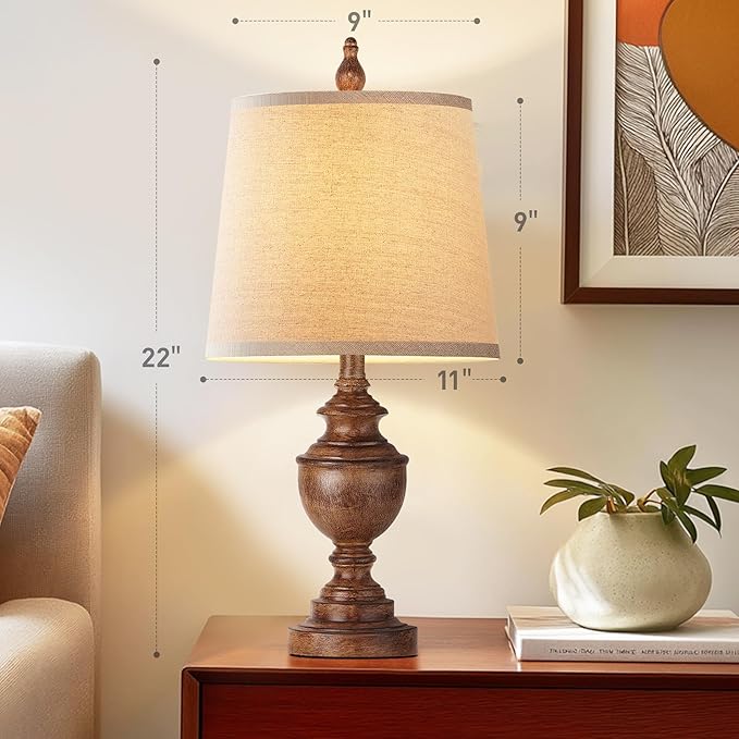 PARTPHONER Retro Table Lamps Set of 2, Bedside Lamp for Bedroom Rustic Farmhouse Table Lamps for Living Room, Vintage Nightstand Lamps with White Shades, Wood Grain - Bloomnest