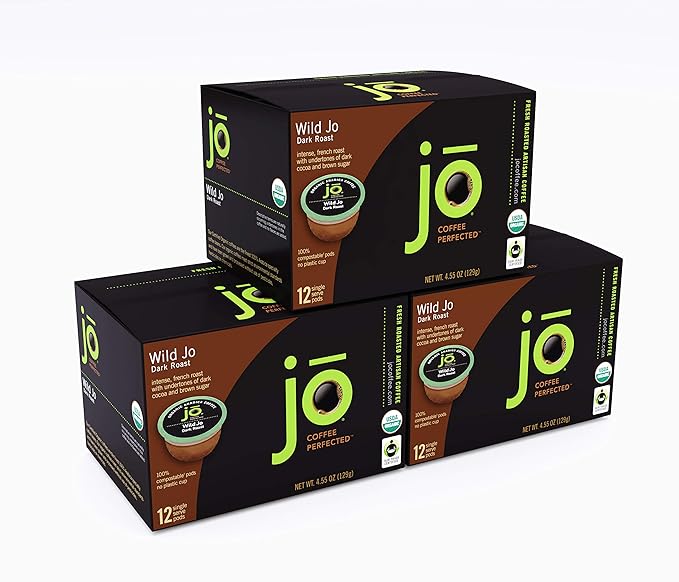 WILD JO: 36 Cup Organic Dark French Roast Compostable Coffee Pods for Keurig K-Cup Compatible Brewers | Bold Strong Rich Wicked Good | Eco-Friendly Single Serve | Fair Trade Certified by Jo Coffee® - Bloomnest