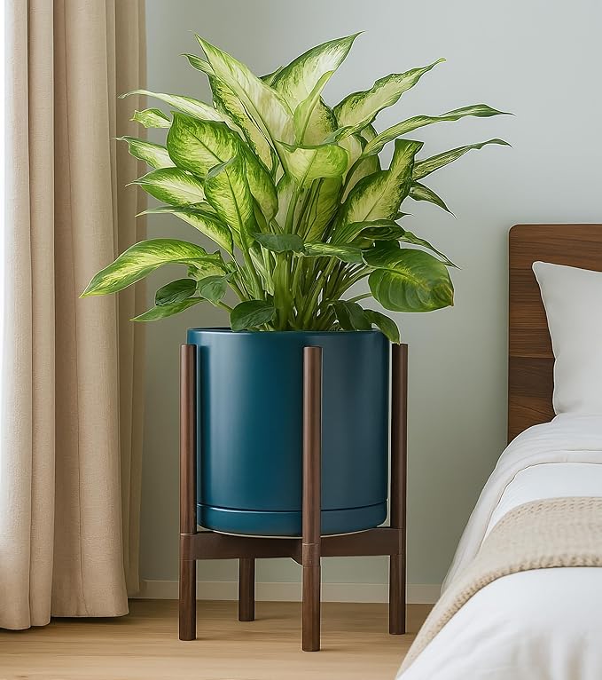 D'vine Dev Ceramic Planter with Walnut Color Stand - 12 Inch Modern Round Flower Pot with Wood Planter Holder, Teal, 55-B-W-4 - Bloomnest
