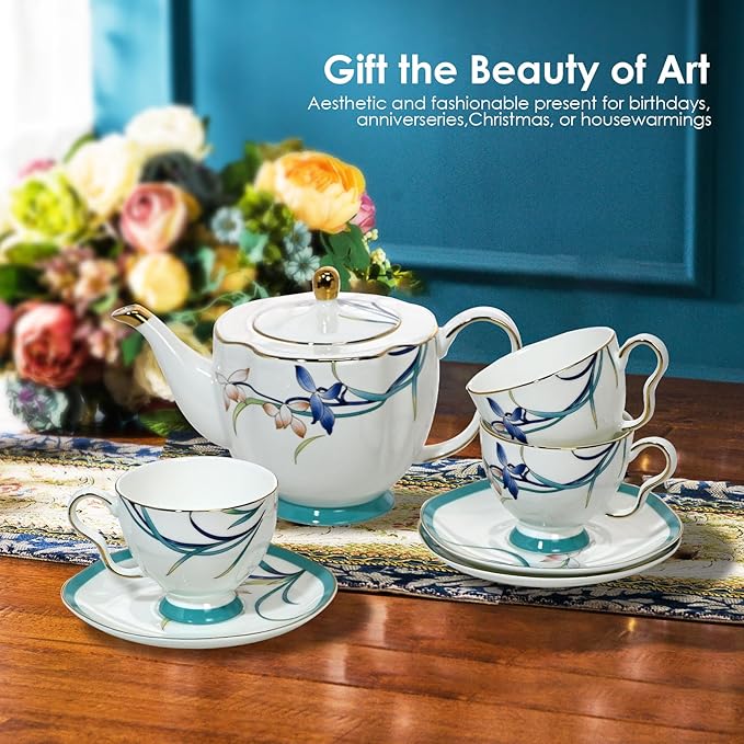ACMLIFE Tea Cups and Saucers for 1, Bone China Teacup Set for Adults with Gold Trim and Gift Box, Blue and White Chinese English British Wedding Tea Set for One Coffee Cup Set 6.8 oz (Blue-Bamboo) - Bloomnest