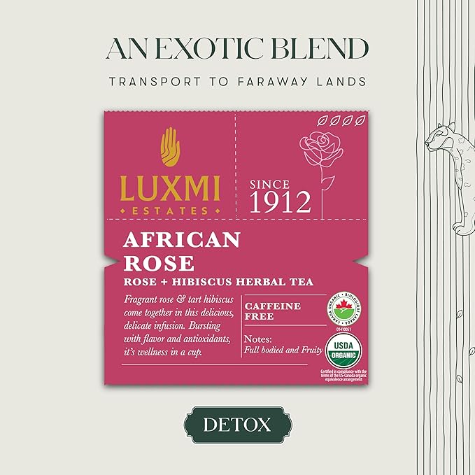 Luxmi Estates African Rose Organic Hibiscus Rose Tea (25 Tea Bags) Caffeine Free Tea Bags For Detox, Cleansing, and Digestion, With Certified Organic Herbal Tea - Bloomnest